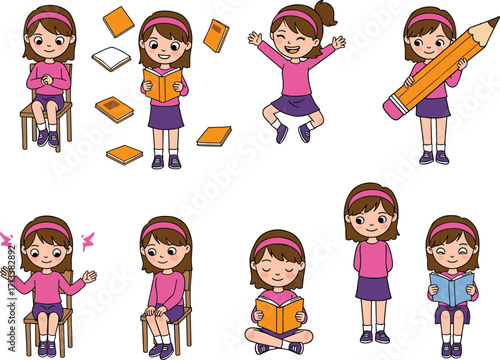 Cartoon girl reading books, writing, learning and expressing emotions, cute student character, education, school, study, pencil, creativity, joy