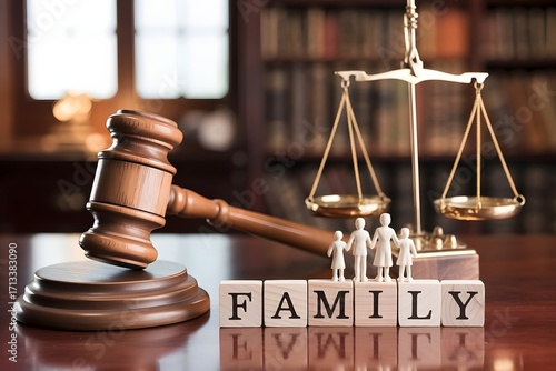 Symbolic representation of family law with a gavel scales of justice and wooden blocks spelling out the word family in a courtroom setting