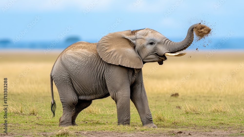 Obraz premium Young elephant playing in the wild, spraying dust into the air