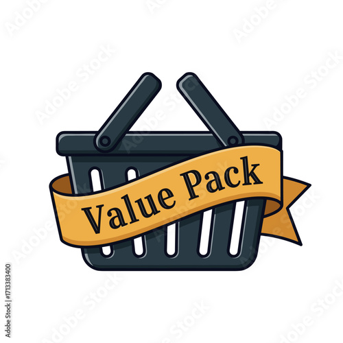 Value Pack text on a golden ribbon wrapped around a dark grey shopping basket, representing special offers and savings for consumers.