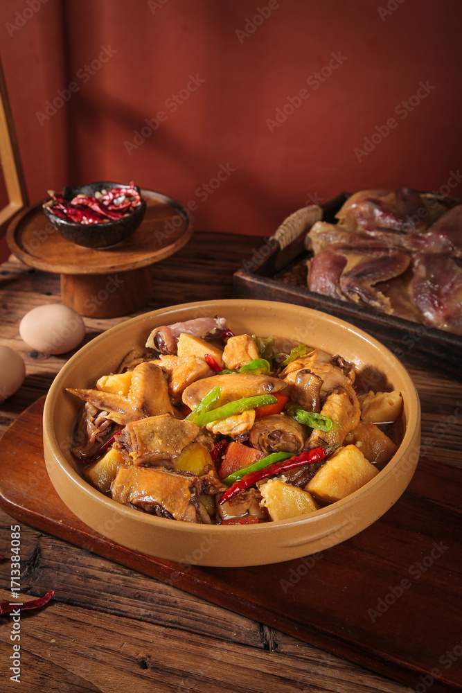Fototapeta premium Traditional Hubei Style Braised Preserved Meat and Mushroom Stew with Air-Dried Chicken Specialties