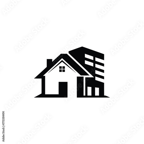Simple black and white icon blending a suburban home with a city apartment block. A conceptual logo for property development, real estate, and urban living
