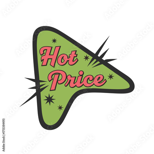 Retro mid-century modern style graphic with 'Hot Price' text, green background, and pink lettering, featuring starburst elements and a unique shape