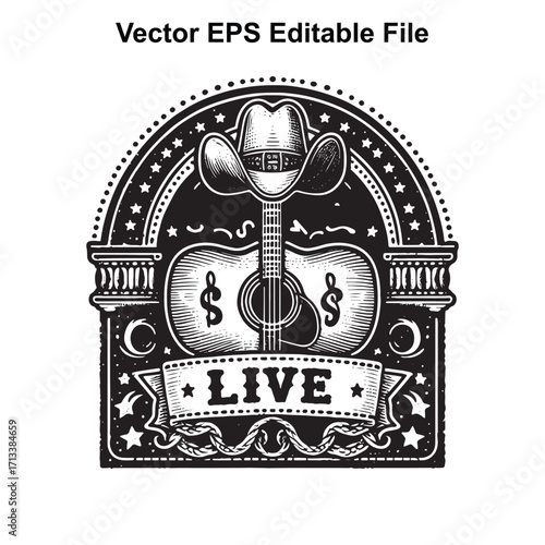 Vector art of country music live concert emblem with guitar and cowboy hat