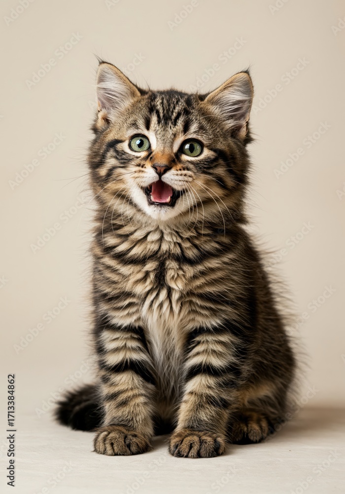 Fototapeta premium Joyful Feline Pose: Captivating close-up of a charming tabby kitten with vibrant expressions. Witness the adorable charm of this happy, playful feline. 