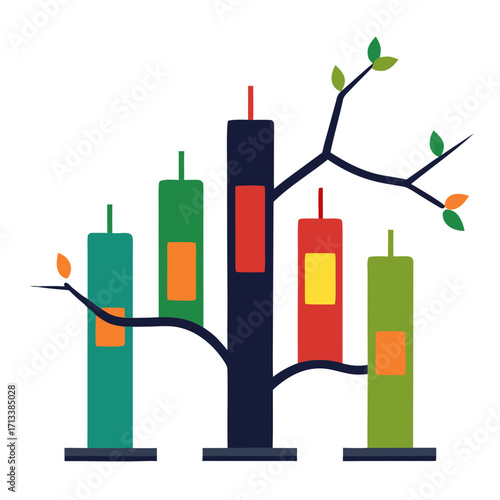 Colorful flat vector illustration of eco friendly stock market chart growing from green tree branches