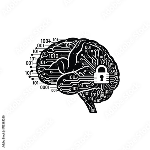 Digital Brain with Lock and Binary Code - Futuristic Concept of AI Security and Data Protection