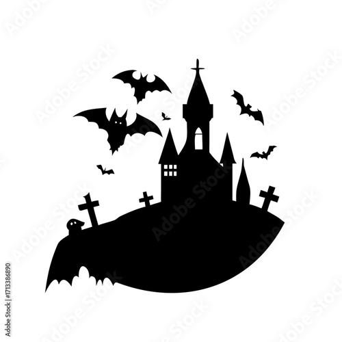Gothic castle silhouette Halloween vector, haunted towers, bats, witches, creepy graveyard, glowing moon, modern flat eerie horror design, dark spooky fantasy night background.