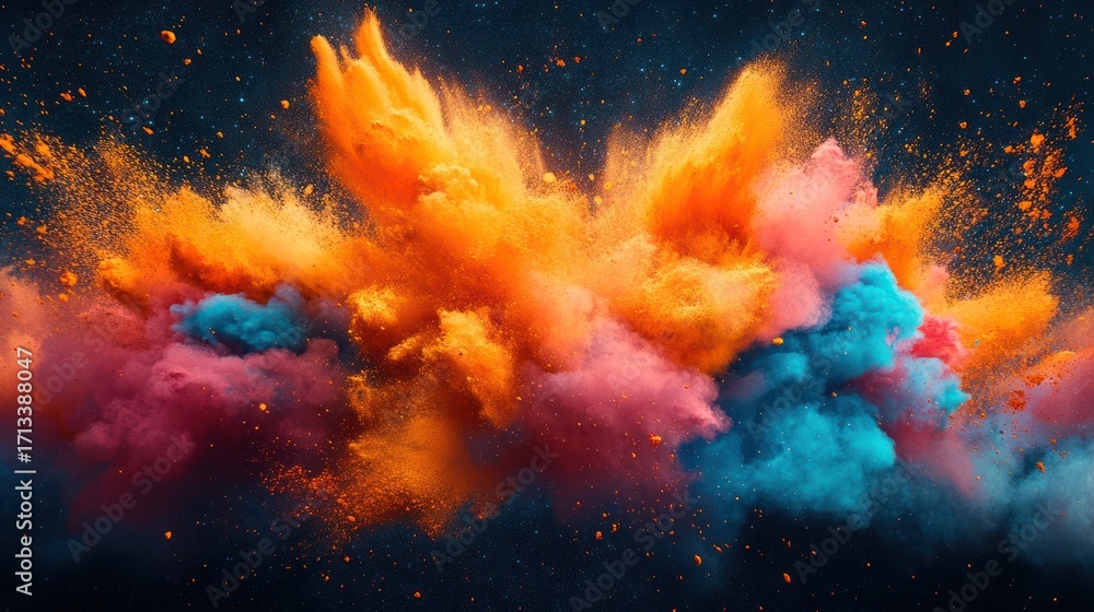 Fototapeta premium Colorful powder explosion against dark background. Possible use Stock photo