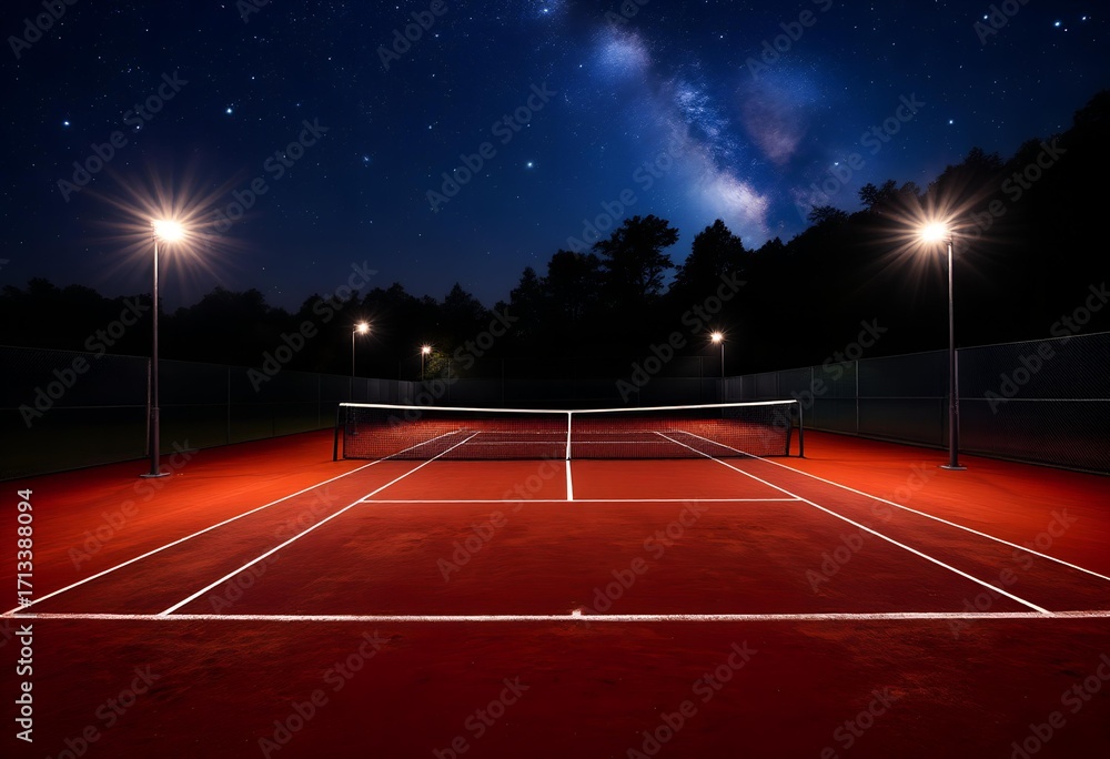 Naklejka premium Night Serenade: Milky Way over Illuminated Tennis Court