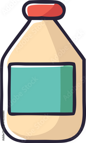 Hand-drawn cartoon bottle with a teal label and red cap representing a cleaning product or beverage container