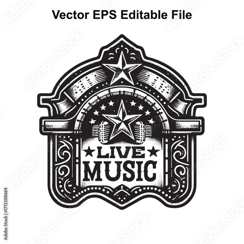 Vector art of live music emblem with stars and microphones