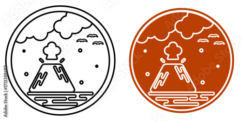Volcanic eruption line drawing icon, One of Major disasters in the Ring of Fire is Volcanic eruption, Volcano landscape in circle sign	
