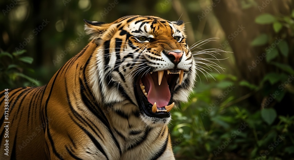Obraz premium Roaring Tiger Portrait - Intense Gaze and Powerful Fangs in Jungle Setting.