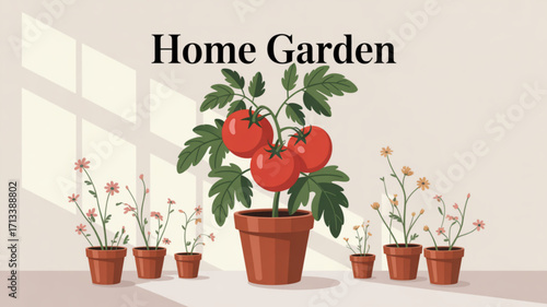 Indoor gardening tomato plants and flower pots home garden ideas and growing vegetables at home concept