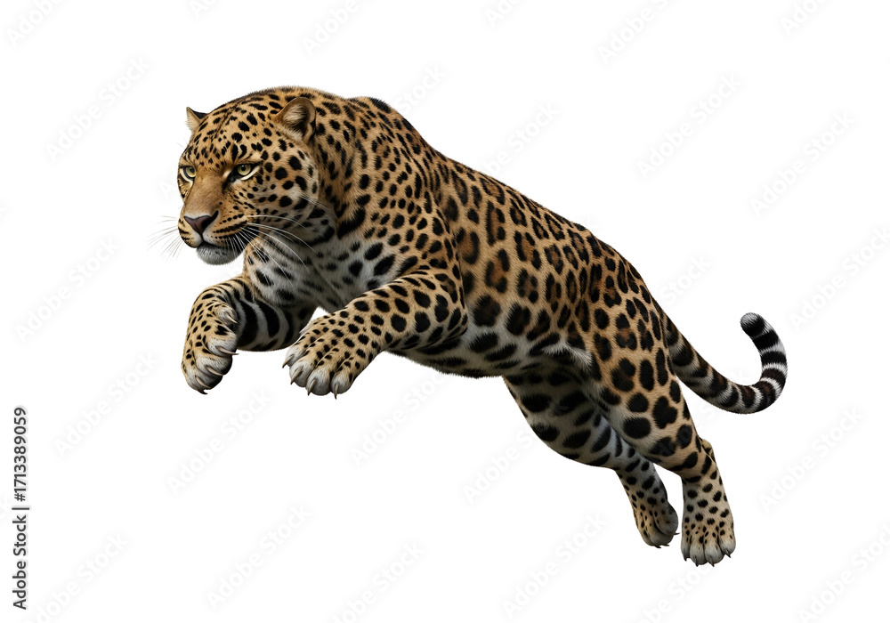 Naklejka premium A leaping leopard, with intricate spots and rich colors, against a pure black backdrop, displays a powerful, dynamic pose.