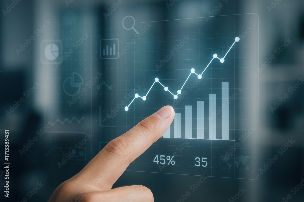 Fototapeta premium Digital Interface Showing Business Growth with Graphs and Data Analysis in Office Environment