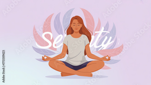 Woman meditating for stress relief and mindfulness, yoga for mental health and wellness, finding serenity