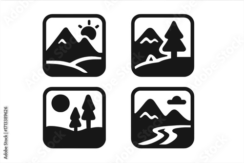 Set of simple landscape silhouette icons. Vector graphic pictograms for nature and outdoor adventure. Minimalist symbols of mountains, sun, forest trees and river path.