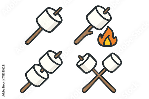 Marshmallow roasting on stick icon set. Campfire sweet food dessert. Vector cartoon illustration for camping, bonfire, and outdoor activity. Flat design graphic element.
