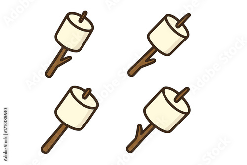 Set of marshmallow on a stick icons. Vector cartoon illustration for camping and campfire concepts. Roasting sweet dessert snack. Flat design element for outdoor picnic food.