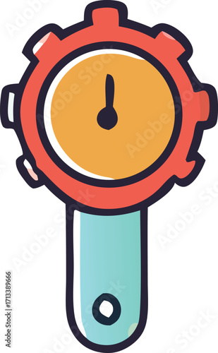 Whimsical hand-drawn timepiece icon symbolizing chronology and measurement with a gear-shaped dial and pointer