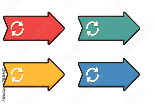 Vector arrow banner set with refresh icon. Flat cartoon style. Colorful reload, update, and sync button collection for web navigation and modern user interface design element.
