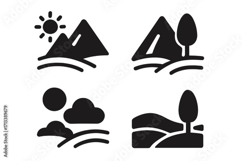 Landscape icons set. Nature silhouette symbols collection. Vector graphic elements for design. Mountain, sun, tree, and cloud. Simple flat outdoor and weather pictograms.
