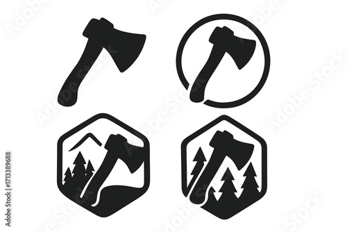 Axe icon set for outdoor adventure logo. Vector silhouette collection of lumberjack and woodcutting badges with forest and mountain elements. Camping and survival symbol.