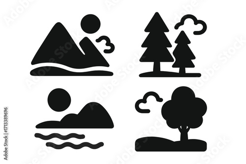 Set of flat nature landscape icons. Black silhouette symbol collection of outdoor scenery. Vector graphic of mountain, pine forest, sea waves, and deciduous tree on a hill.