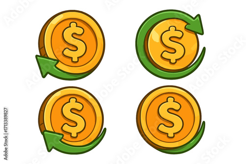 Cash back vector icon set. Cartoon gold coin with dollar sign. Money refund, return, and rebate concept. Financial loyalty program and savings reward symbol illustration.