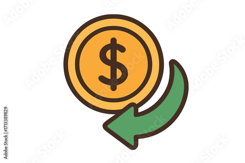 Cash back vector icon with dollar coin and return arrow. Money refund symbol for financial services, shopping reward programs, or customer loyalty bonus illustration.