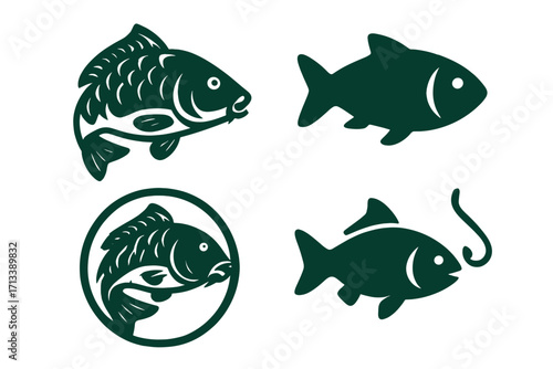 Set of fish icons for fishing sport and seafood logo. Vector collection with carp fish symbol, simple silhouette, and fish with worm on a hook. Aquatic wildlife emblem.