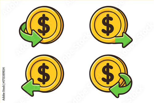 Cash back icon set. Money refund, return symbol. Gold dollar coin with green arrow for financial transaction, payment services, loyalty reward program. Vector cartoon.