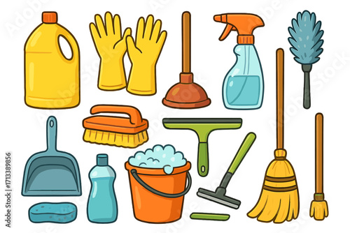 Cleaning tools and supplies vector icon set. Household cleaning equipment for domestic chores. Hygiene and sanitation concept. Cartoon illustration of broom, bucket, gloves, spray.