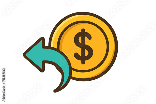 Cash back icon, money refund, and return symbol. Financial reward concept. Dollar coin with arrow. Rebate service, loyalty program bonus. Vector cartoon illustration.