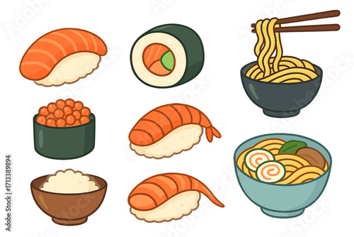 Japanese food icon set. Kawaii cartoon vector collection of sushi, ramen noodles, and rice. Asian cuisine design elements. Salmon, shrimp nigiri, maki roll illustration.