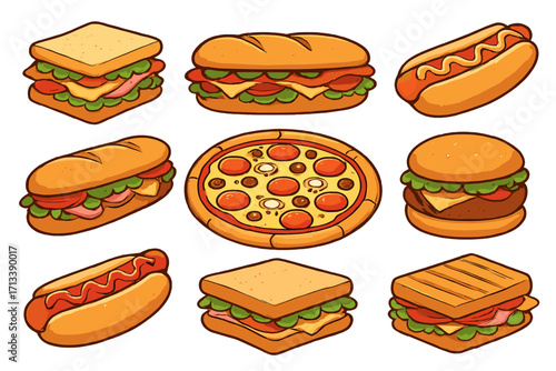 Fast food set vector cartoon illustration. Collection of sandwich, pizza, hot dog, burger, and sub icons. Junk food snack concept. Isolated delicious meal assortment for menu design.