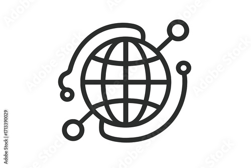 Global network icon. Internet technology and worldwide connection concept. Digital data communication symbol. World web graphic sign. Globe, planet earth and network line art.