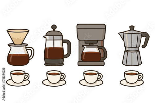 Coffee brewing methods vector icon set. Pour over, french press, drip machine, and moka pot. Barista equipment for cafe menu. Morning beverage preparation cartoon illustration.