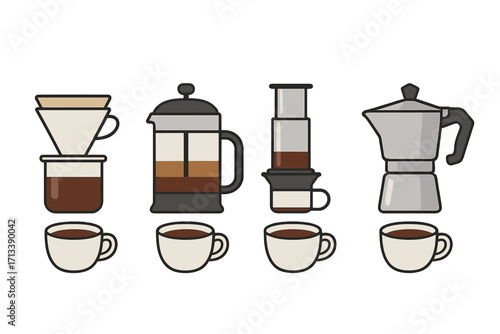 Coffee brewing methods icon set. Vector illustration of pour over, french press, aeropress, moka pot. Minimal equipment line art for barista, cafe and coffee lovers.