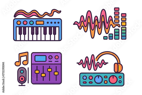 Music production icon set. Audio equipment vector collection. Synthesizer, mixer, headphones, sound wave, equalizer. Electronic music studio elements. Cartoon illustration.