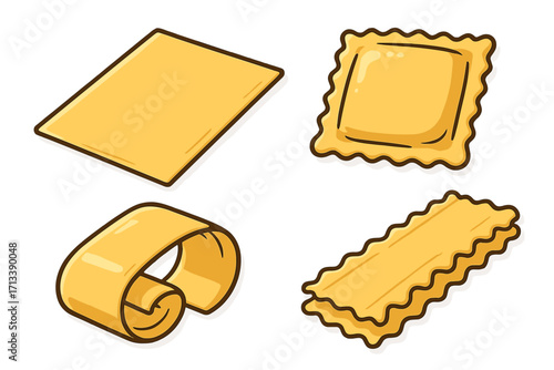 Pasta shapes vector icon set. Italian food cartoon illustration. Lasagna sheet, ravioli, pappardelle, mafalda. Culinary ingredient for cooking. Noodle dough collection.