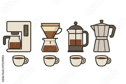 Set of coffee brewing methods with drip machine, pour-over, French press, and moka pot. Vector icon collection of different ways to prepare a hot caffeine drink.