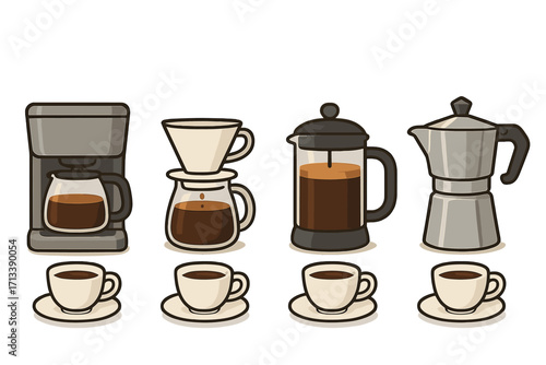 Coffee brewing methods vector icon set. Drip machine, pour over, French press, moka pot. Barista equipment for cafe menu. Hot beverage preparation flat design illustration.