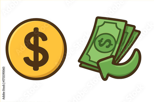 Cash back and dollar coin vector icon set. Financial reward, money refund concept. Cartoon currency illustration for savings, economic bonus, and payment service.