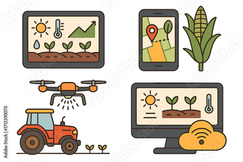 Smart farming and digital agriculture technology icon set. Features drone, tractor, GPS, and cloud data for crop yield analysis, sustainability, and farm management.