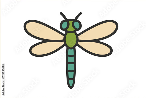 Cute dragonfly icon in flat style. Simple insect symbol for logo. Vector cartoon illustration of a flying damselfly. Wildlife nature graphic isolated on white background.