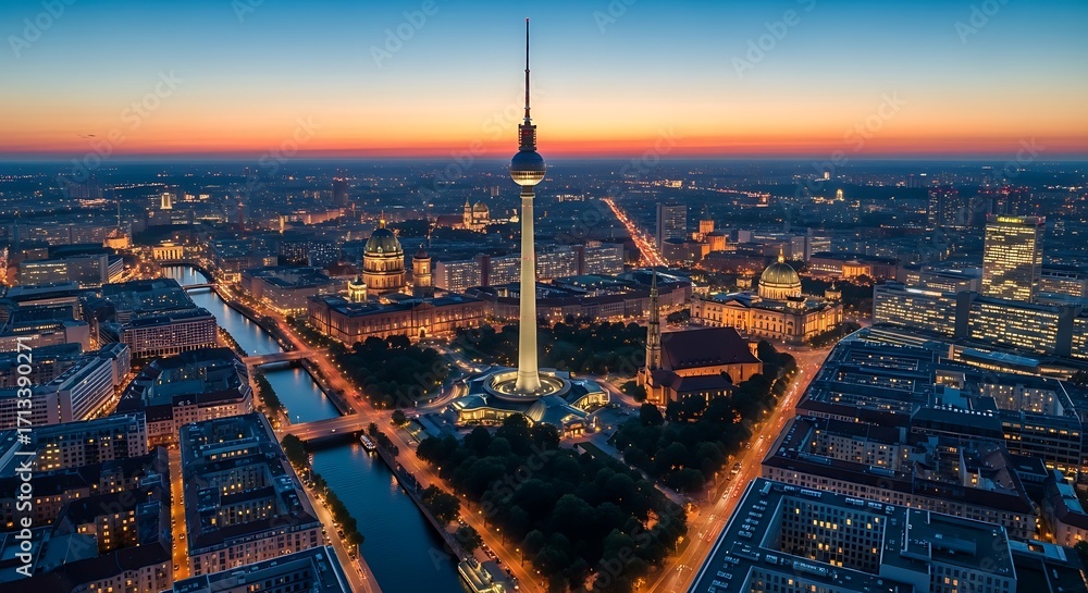 Obraz premium Panoramic aerial view of Berlin cityscape at sunset with the iconic TV Tower dominating the skyline.