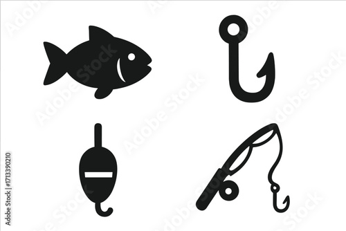 Fishing icon set with fish, hook, rod, and bobber. Angling sport and hobby equipment. Black vector silhouette symbols for fisherman gear, seafood logo or tackle shop design.